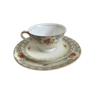 CRAFTSMAN CHINA Japan Vintage Tea Cup 2 Saucer Set 1940s Floral Porcelain NWOT